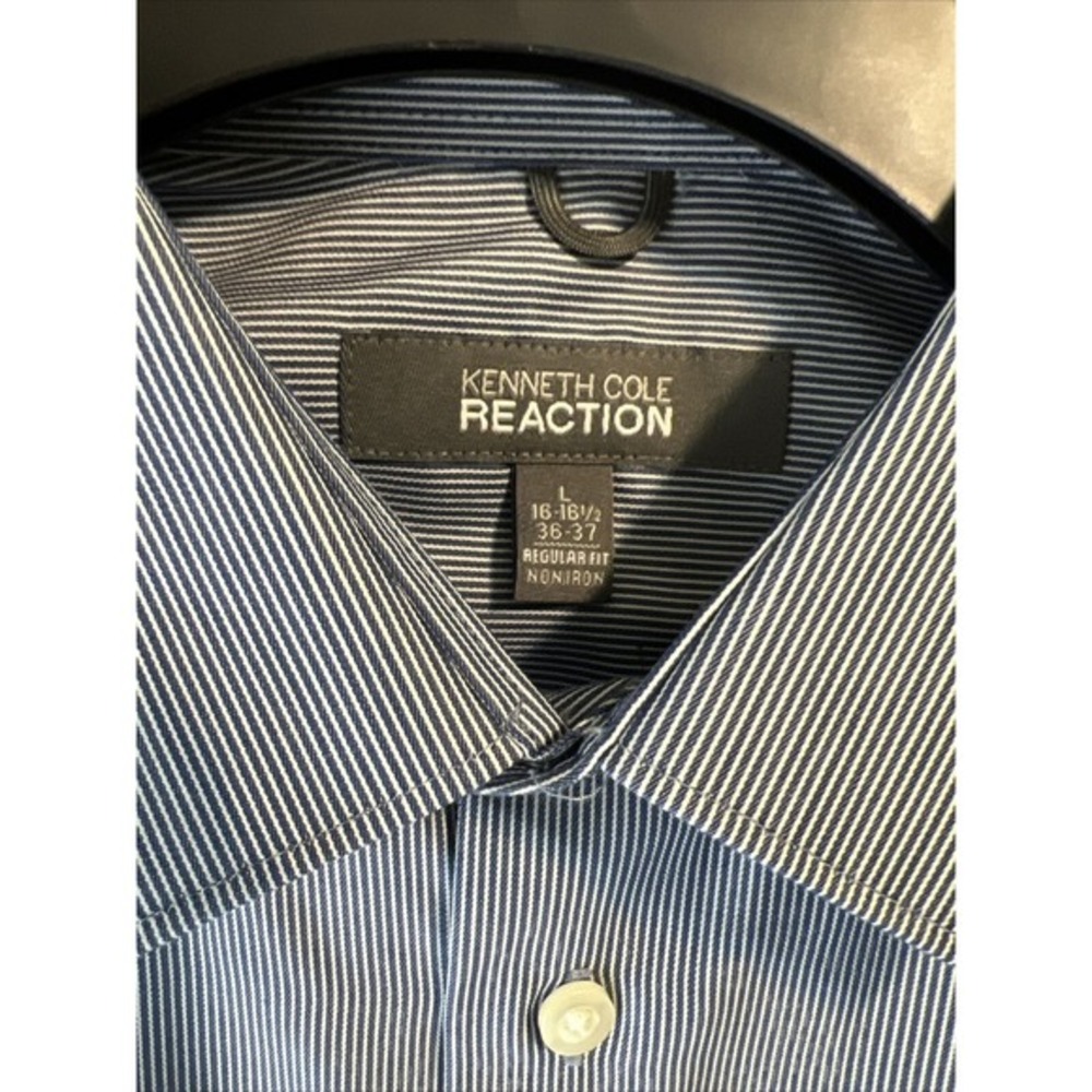 Kenneth Cole Reaction Dress Shirt Blue White Striped Size 16-16.5; 36-37 Size L